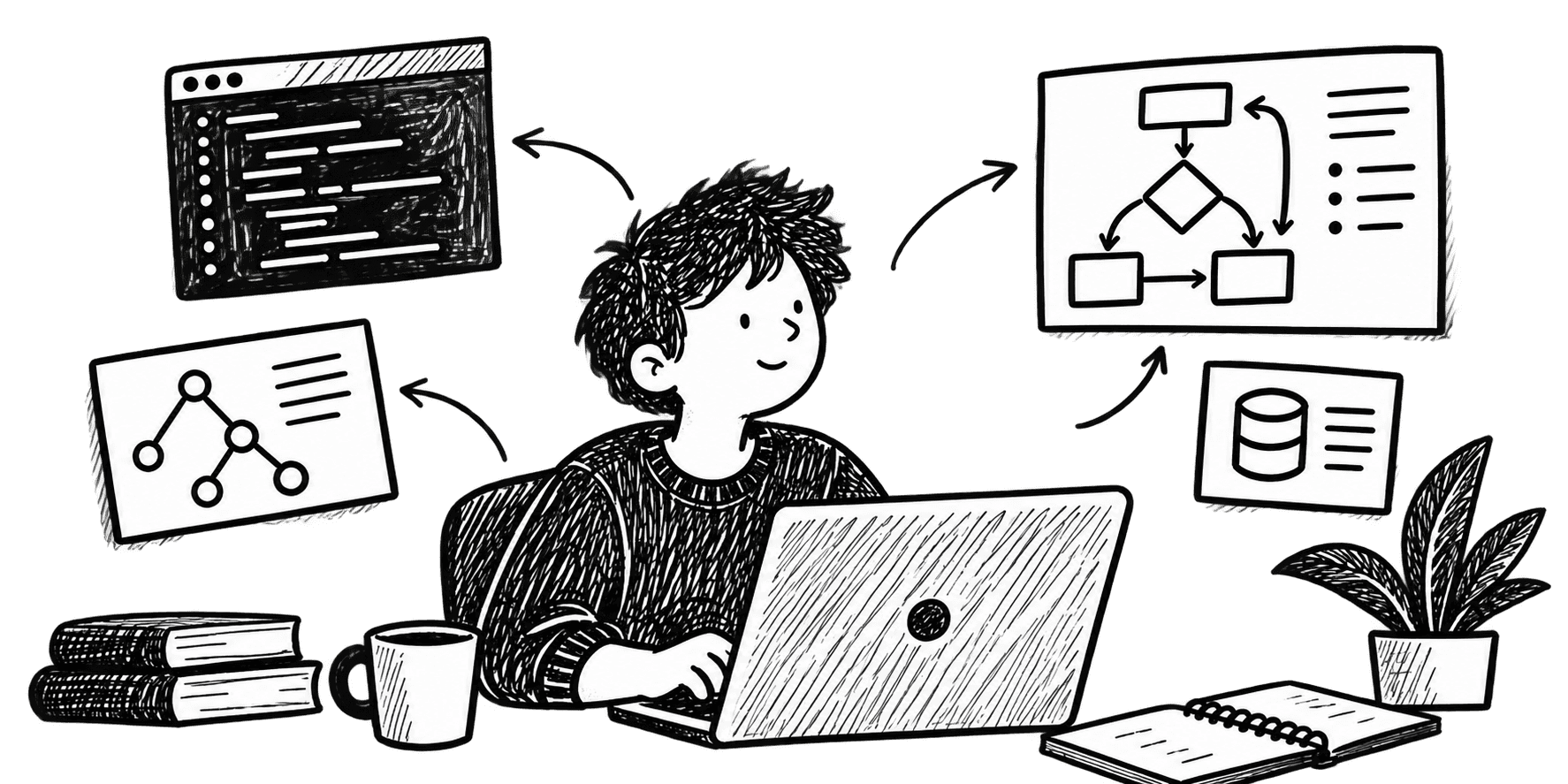 Hand-drawn software engineering illustration