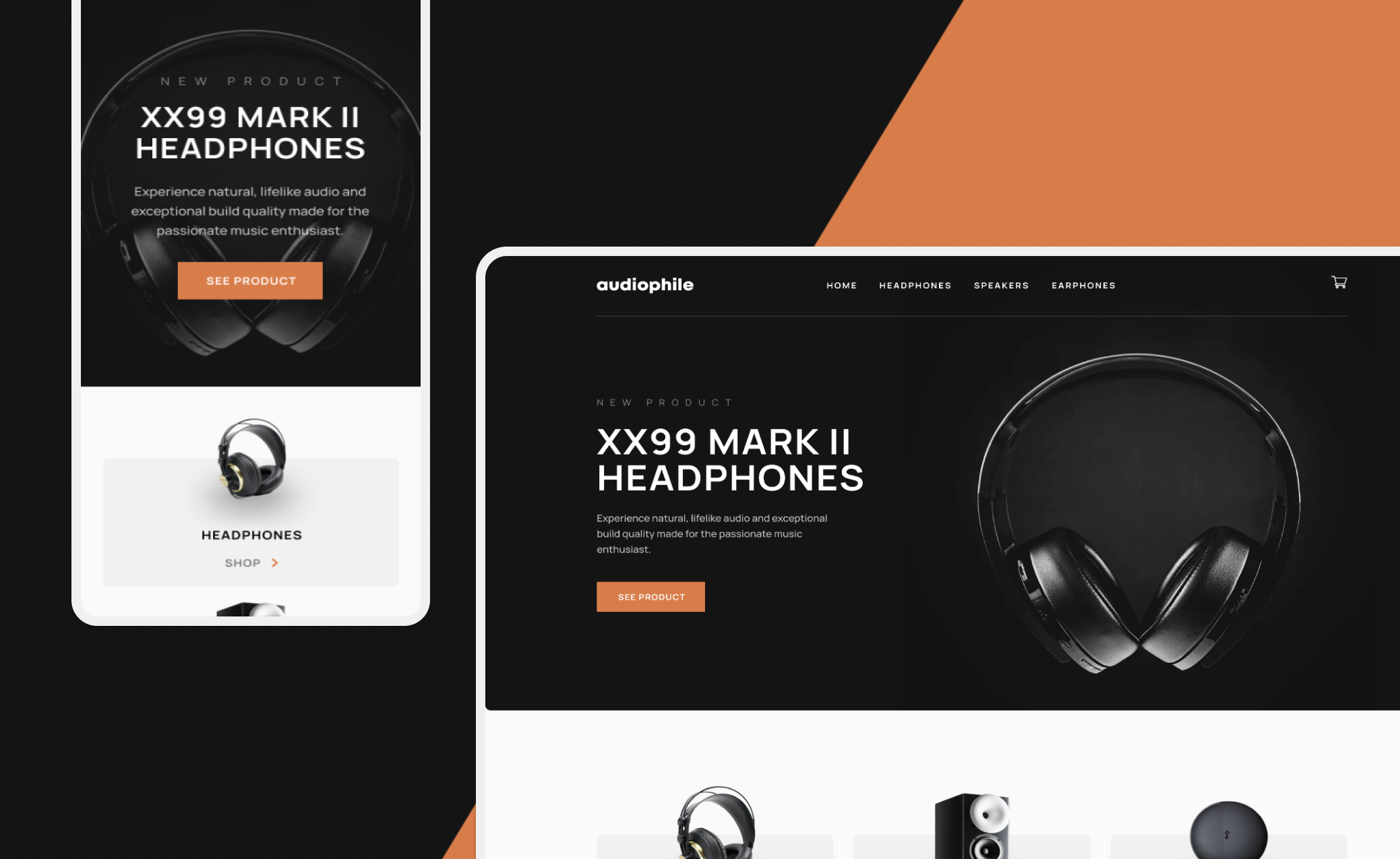 Audiophile e-commerce landing page featuring the XX99 Mark II Headphones, in both desktop and mobile views