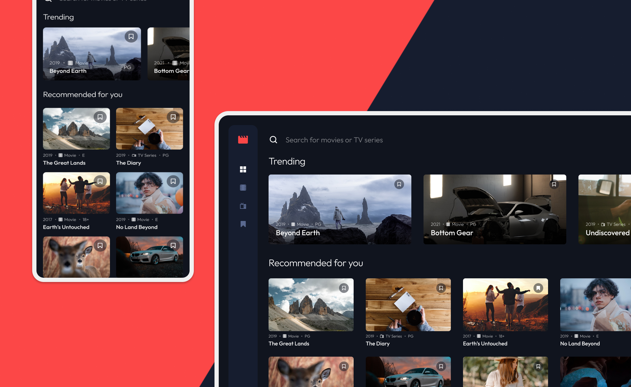 Entertainment platform interface with trending movies and recommended shows in card grids