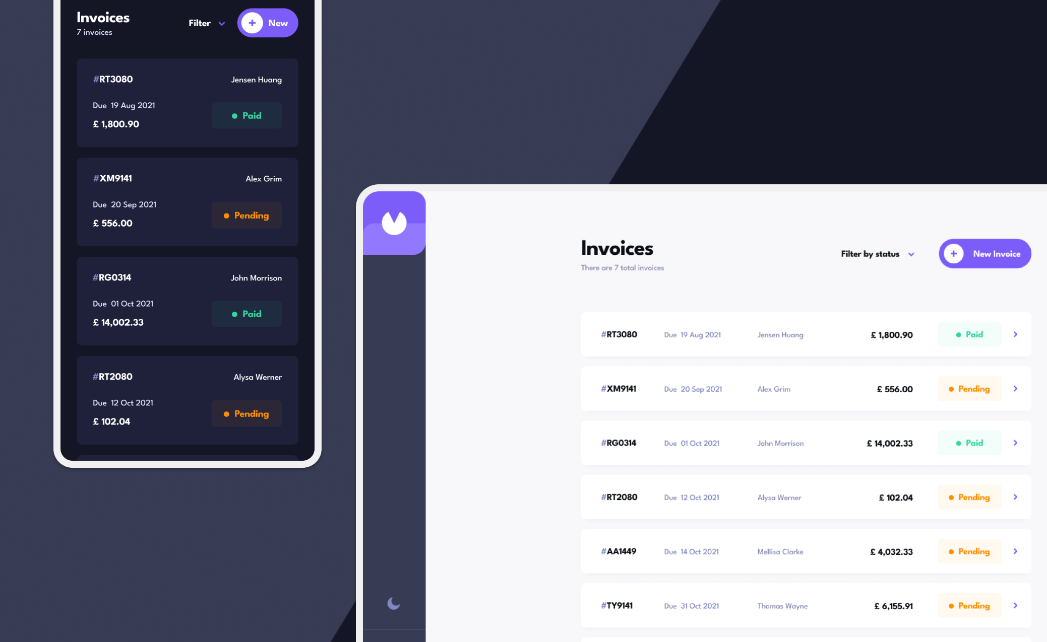 Invoice management app showing a list of invoices with statuses Paid and Pending, alongside a mobile view