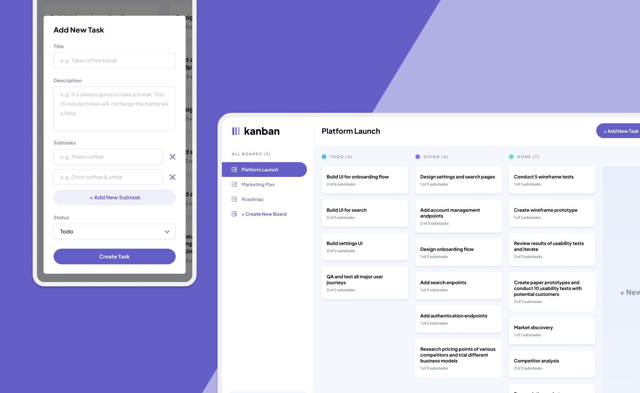 Kanban board interface with Todo, Doing, and Done columns containing task cards, and an Add New Task modal