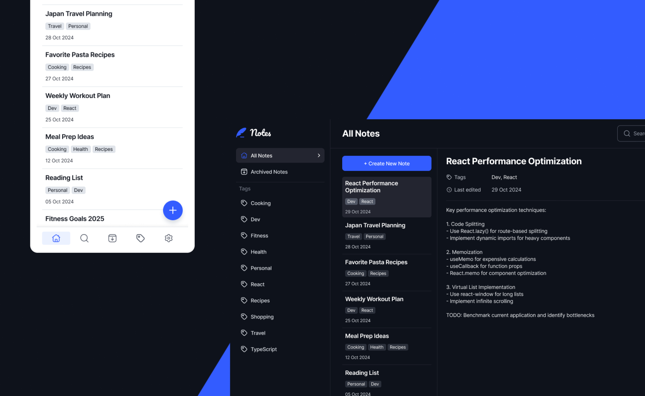 Notes app interface showing a list of notes with tags, a sidebar of tag categories, and an open note about React performance optimization