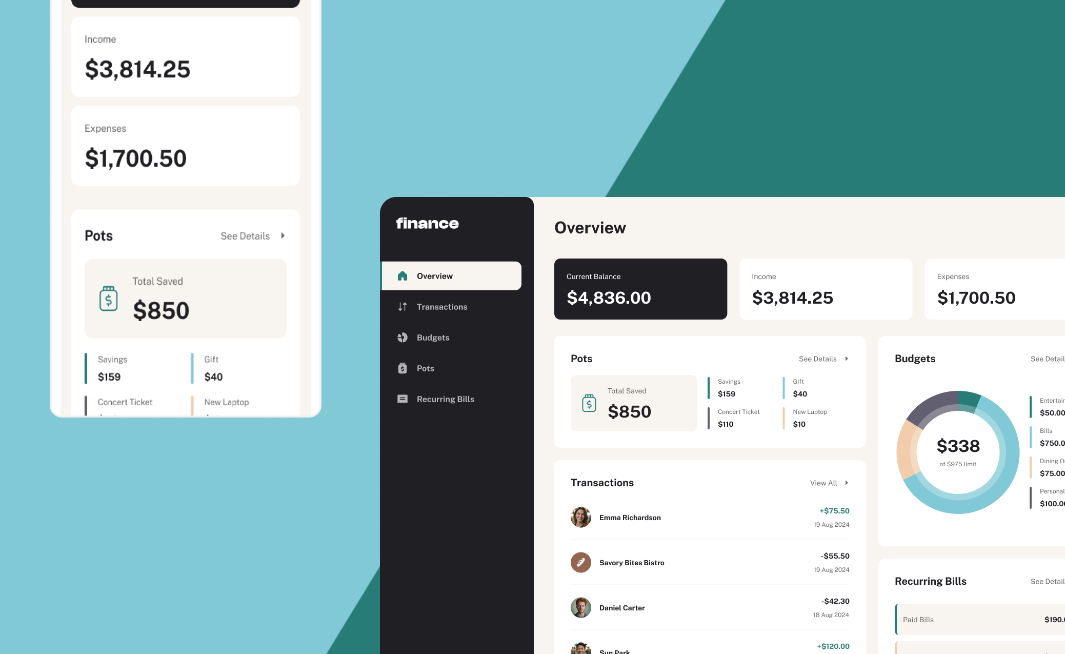 Personal Finance dashboard showing income, expenses, savings pots, a budget donut chart, and a transactions list