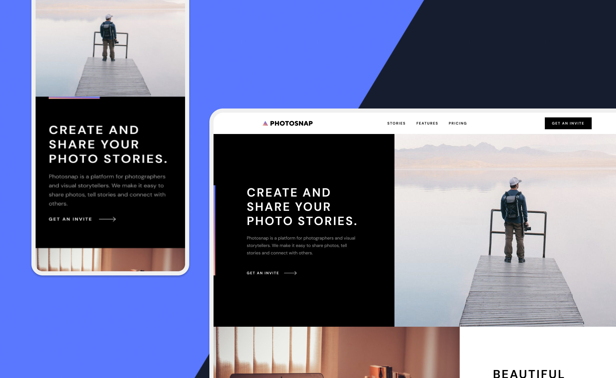 PhotoSnap landing page with bold typography reading 'Create and share your photo stories' and a photographer on a pier
